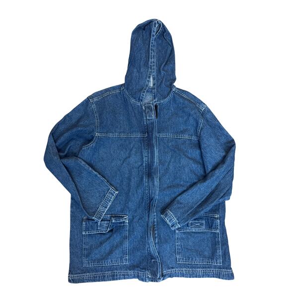 Desert Blues Denim Hooded Jacket Utility Workwear Jean Chore Coat Unisex L Vtg - Picture 2 of 6